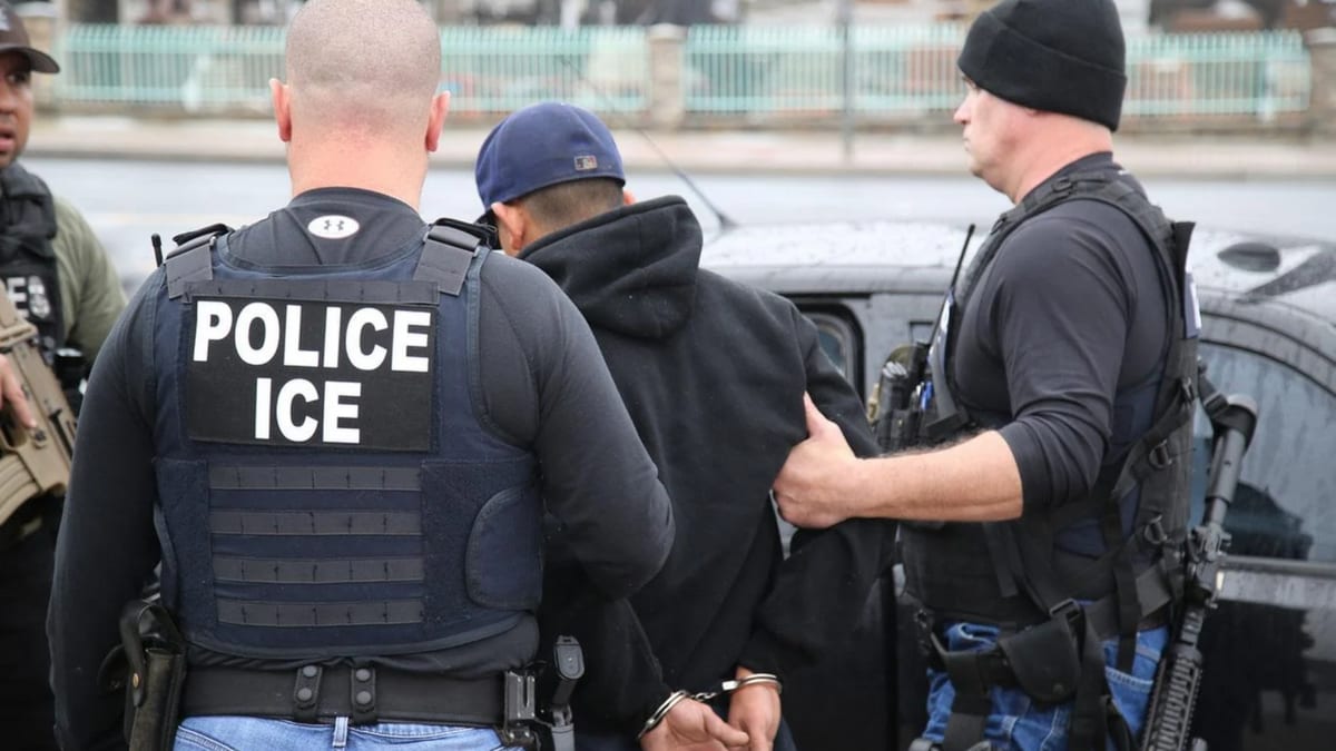 ICE officers escort a handcuffed individual during an immigration enforcement operation in the United States