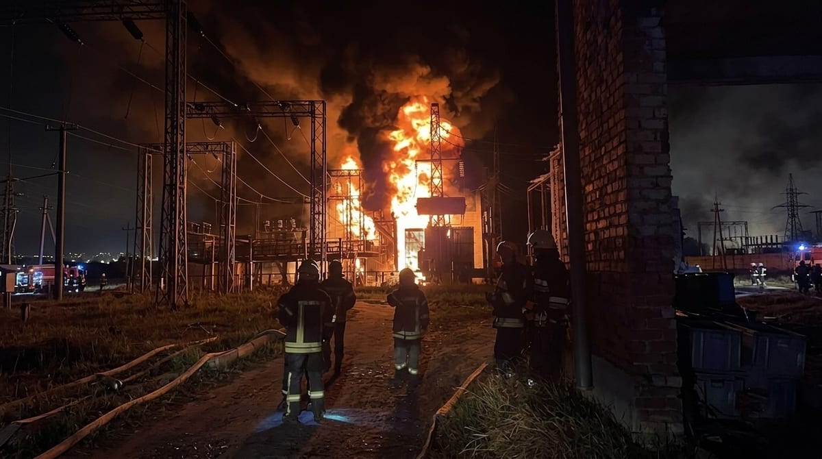 Ukrainian firefighters tackle a blazing power substation hit by Russian strikes.