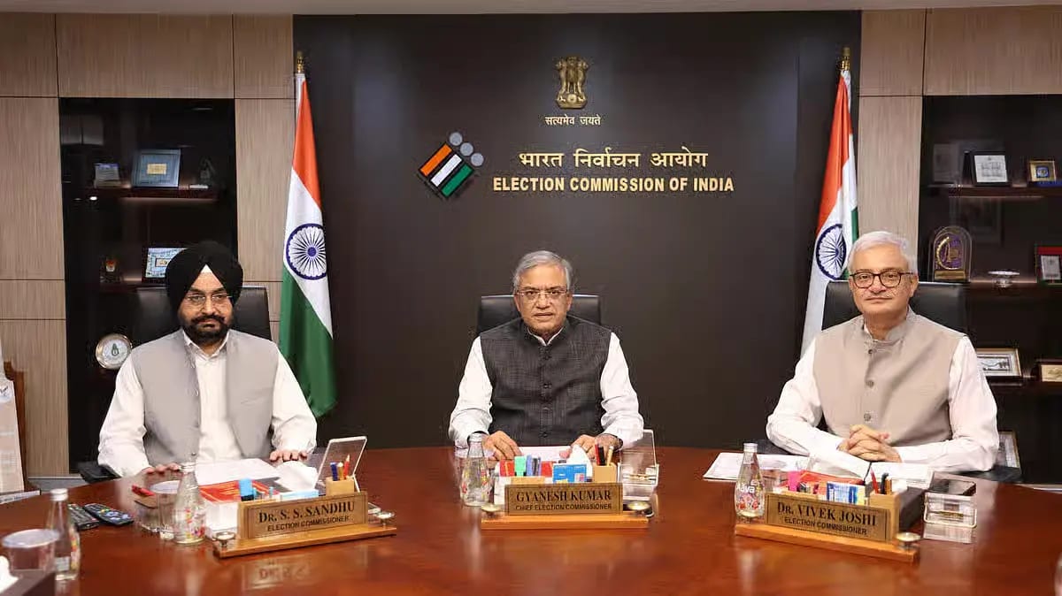 Chief Election Commissioner: Shri Gyanesh Kumar (Middle), Election Commissioner: Dr. Sukhbir Singh Sandhu (left most), Election Commissioner: Dr. Vivek Joshi (right most)