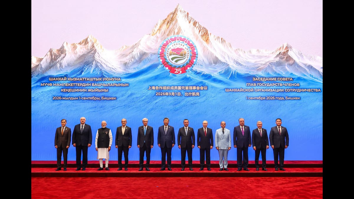SCO leaders pose for a group photograph at the 2026 summit in Bishkek, Kyrgyzstan.
