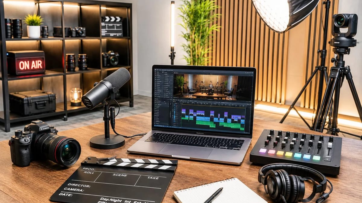 Podcast and video production studio equipped with recording and editing equipment
