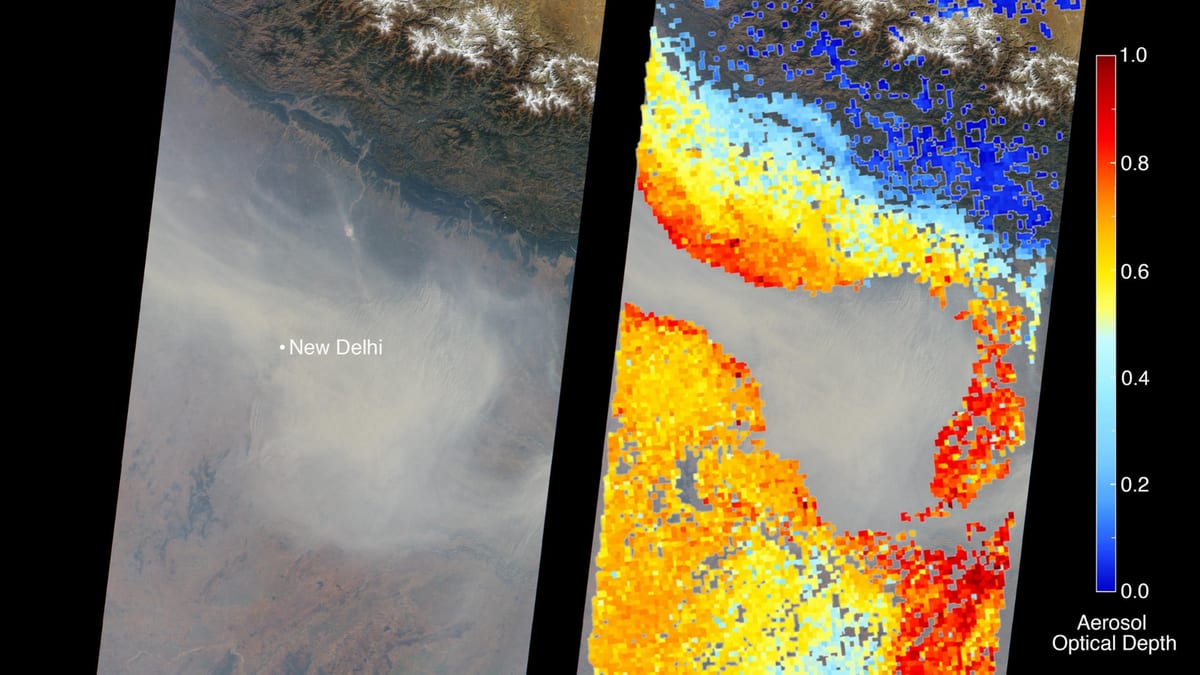 NASA satellite imagery shows aerosol optical depth over New Delhi, highlighting atmospheric pollution